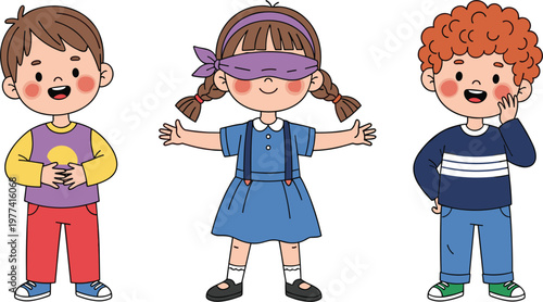 Cute Little Children Playing Blindfolded Game Vector Set Featuring A Girl With Purple Blindfold And Happy Boys For Childhood Play And Party Entertainment Graphic Designs