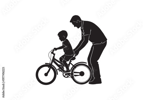 Father teaching child to ride bicycle silhouette
