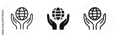 Hands holding globe icon set in outline, solid, and hand-drawn styles. Ecology and environmental care concept.
