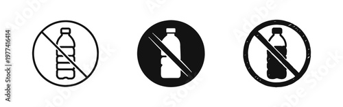 No plastic bottle icon set in outline, solid, and hand-drawn styles. Environmental protection and recycling symbol.