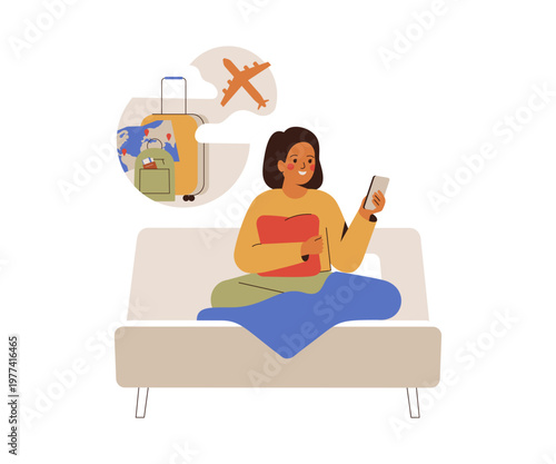 Woman planning her holidays and buys tickets on the plane online by phone. Girl dreaming about vacations at home. Young female making her future trip map. Vector illustration