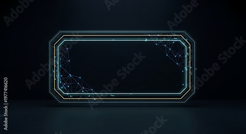 A futuristic frame with glowing edges, blue network, and dark background