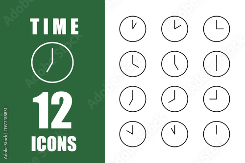 1時から12時までの12種類の丸い掛け時計のラインアイコンセット。モノクロベクターイラスト
