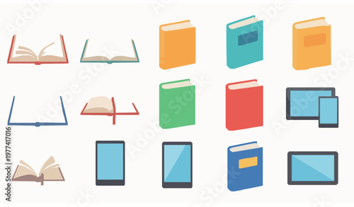Colorful book and ebook icon set vector with open books and digital reading symbols for apps and education