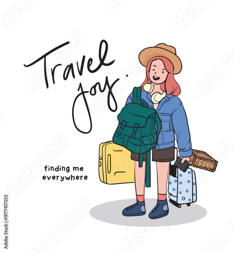 Travel Joy Cute Girl Vacation Character Illustrations. Includes people with luggage, suitcase, backpack, representing travel activities. ideal for travel content, tourism design, and lifestyle.