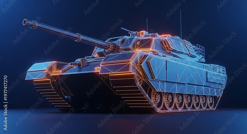 Obraz premium A futuristic tank rendered with wireframe and neon glow on a dark blue background