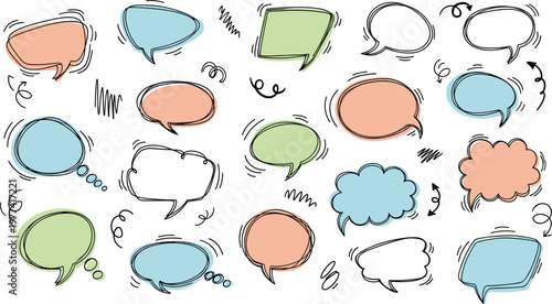 Large set of hand drawn colorful speech bubbles and thought clouds with sketchy doodle lines and pastel colors for comics social media storytelling and creative dialogue designLarge set of hand drawn 