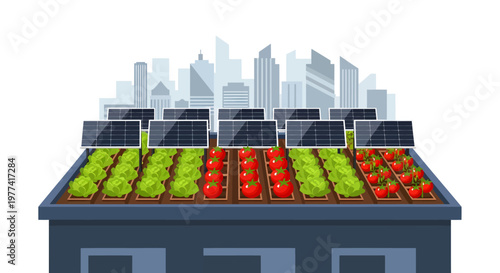 Urban Rooftop Garden with Solar Panels and City Skyline