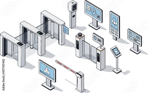 Isometric Access Control and Security System Kit with Turnstiles, Automated Gates, and Digital Kiosks