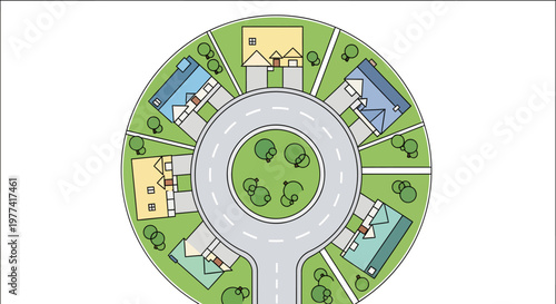 colorful suburban neighborhood with circular road and houses