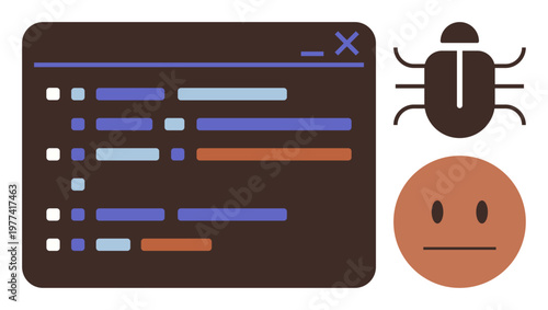 Software development, bug tracking, debugging, coding errors, programming, quality assurance. Code interface, bug icon and neutral face displayed. Software development and debugging concepts