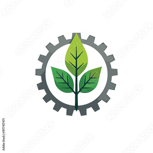 A conceptual logo featuring a green plant with three leaves inside a grey mechanical gear is shown on a transparent background. This emblem signifies the harmony between industry and nature.
