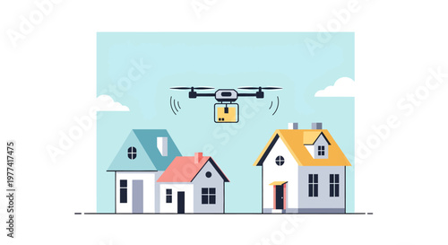 Drone delivering package to houses in suburban neighborhood