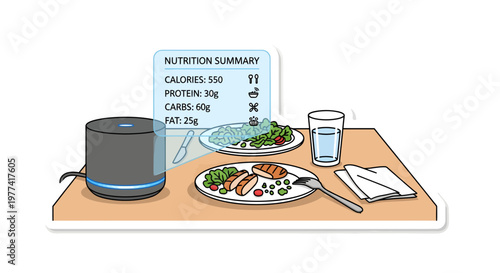 Healthy meal with nutrition facts on screen and smart cooking pot
