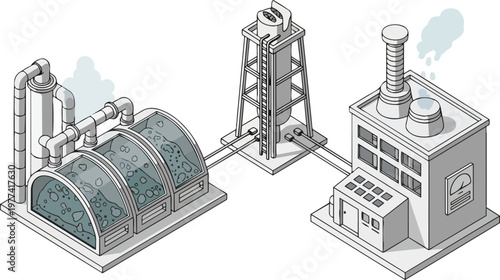 Isometric Industrial Factory Illustration for Energy Production, Chemical Processing Plant, and Biogas Manufacturing Concept