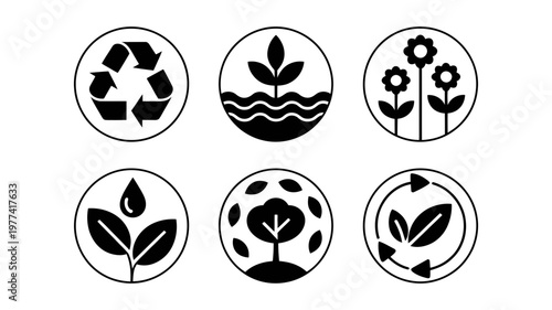 A circular grid of six black and white icons representing environmental and ecological concepts.