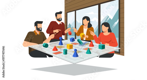 Friends playing board game together at table with colorful pieces