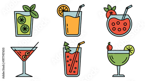 A vibrant collection of six colorful hand-drawn cocktails and mixed drinks.