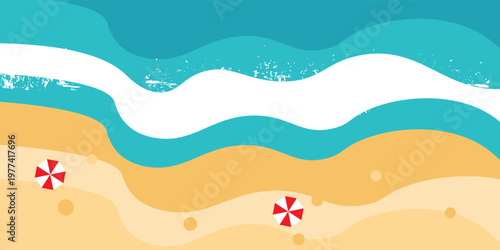 Peaceful top-down aerial view of a sandy beach featuring a red and white umbrella and foamy turquoise ocean waves lapping the shore. Vektor