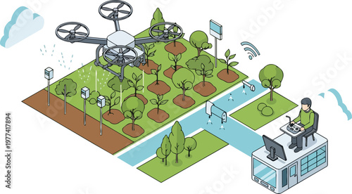 Isometric Smart Farming Illustration with Drone, Automated Irrigation, and Remote Operator Station for Precision Agriculture and Agritech Concept