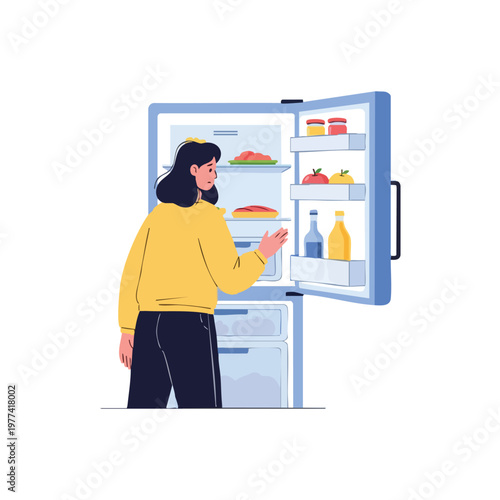 Woman choosing food from open refrigerator.