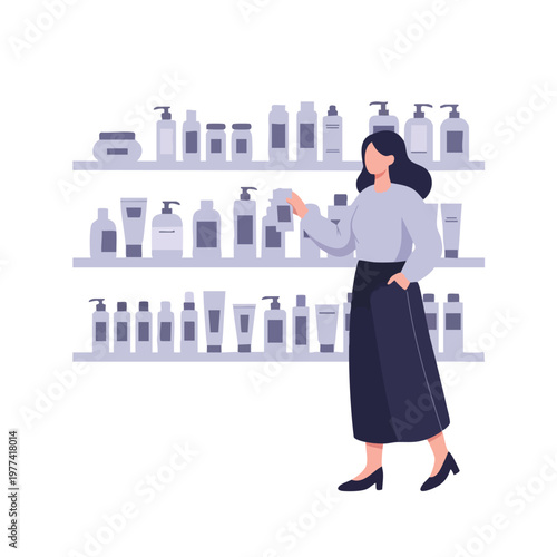 Woman choosing skincare products from a shelf.