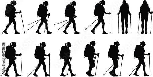 Hiker silhouettes set trekking people with backpacks walking using poles isolated white background outdoor adventure vector illustration collection