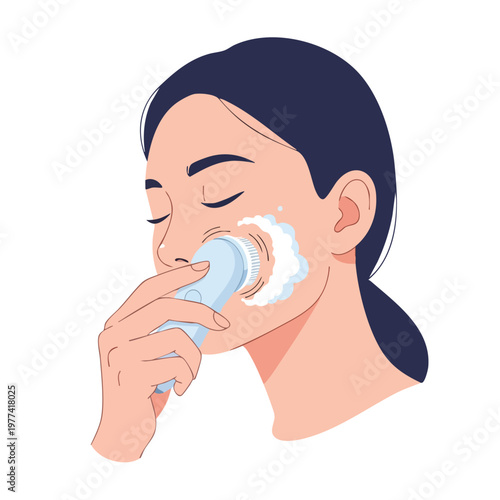 Woman Cleansing Face with Electric Brush.