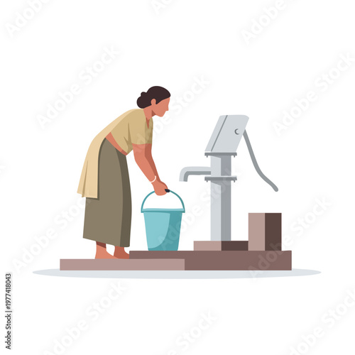 Woman collecting water from a hand pump.