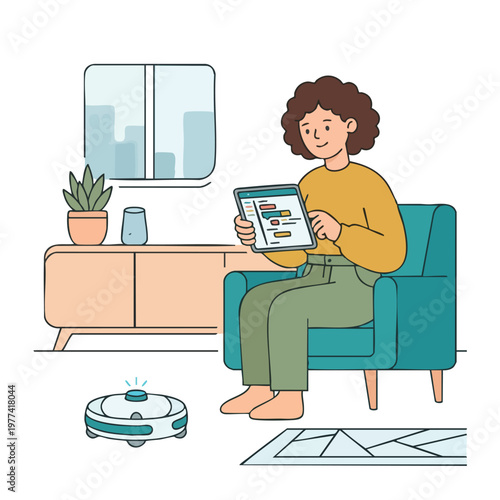 Woman controlling robot vacuum with tablet.