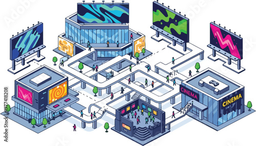 Isometric Vector Illustration of a Vibrant Modern City Entertainment Complex with Large Digital Billboards and Cinema