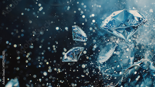 Sparkling diamonds falling through water with splashes and bubbles luxury and wealth concept