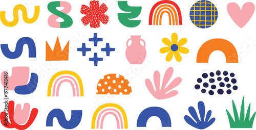 Set of 24 Colorful Geometric and Nature-Inspired Icons Featuring Rainbows, Flowers, and Fun Shapes for Creative Designs