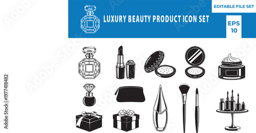 Luxury Beauty Product Icon Set, Premium Makeup Collection, Perfume Bottle, Lipstick, Face Powder, Cosmetic Brushes, and Elegant Gift Box Vector Icons
