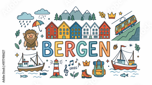 Bergen Norway: Cartoon Cityscape with Troll, Houses, Tram, Boat