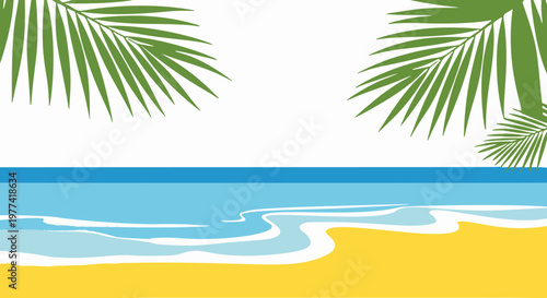 Tropical beach paradise background with green palm leaves, yellow sand and blue ocean waves, flat vector illustration of summer vacation with clean copy space for travel banners