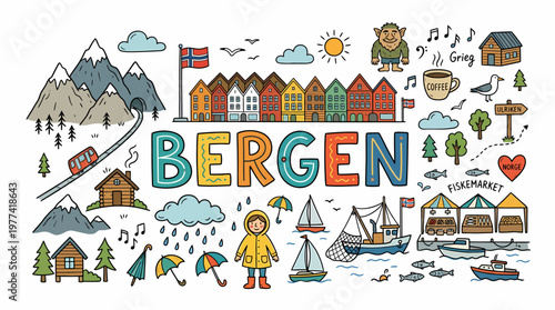 Bergen Norway Travel Doodles: Cityscape, Mountains, Sea & Icons