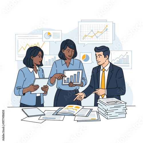 Team of professionals coordinating a business presentation with charts and reports in a corporate office.