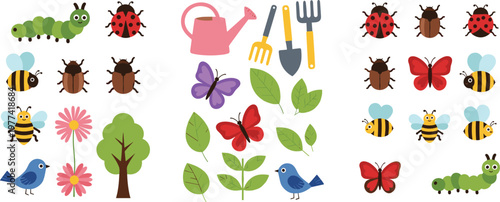 Garden elements cartoon collection vector illustration with insects, plants, tools and flowers, colorful nature set for spring design, gardening themes and kids projects