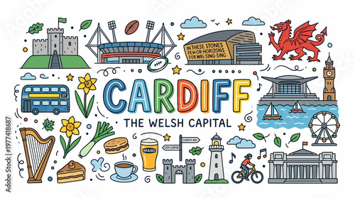 Cardiff The Welsh Capital City Landmark Doodle Art