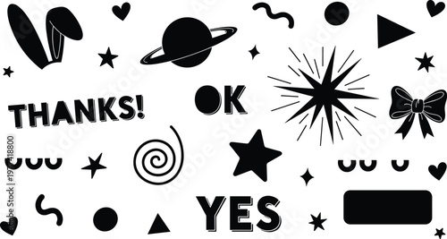 Set of 24 Bold Doodle Icons Featuring Stars, Shapes, Text, and Fun Symbols for Graphic and Creative Designs