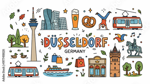 Dusseldorf Germany Cityscape Doodle Art with Landmarks