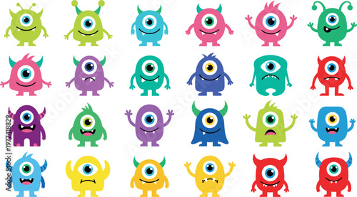 Set of 24 Cute One-Eyed Monster Illustrations Featuring Different Colors, Shapes, and Expressions for Fun Designs