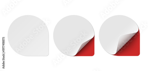 Vector set of white paper round stickers with red corner isolated. Realistic stickers curved with soft shadows on transparent background.