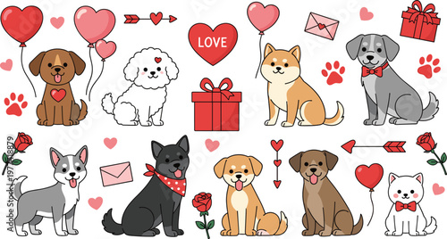 Set of 10 Cute Dog Illustrations with Hearts, Roses, Balloons, and Love-themed Icons for Valentine's Day Designs