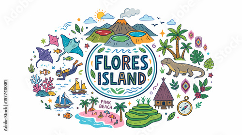 Flores Island Travel Illustration: Komodo, Volcano, Beach, Diving