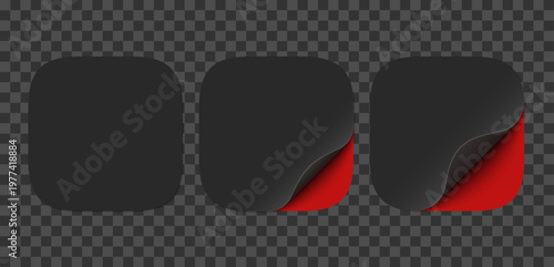 Vector set of black paper squircle stickers with red corner isolated on transparent background. Realistic square stickers curved with soft shadows.