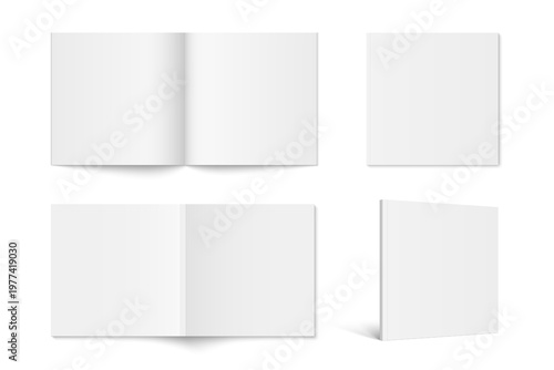 Vector set of square blank magazine with white softcover isolated. Realistic paperback copybook, catalog, brochure or booklet mockup opened and closed on white background.