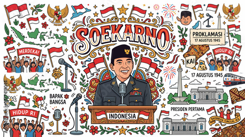 Indonesia Independence Day Celebration with Soekarno Illustration