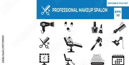 Professional Makeup and Hair Salon Icon Set, Beauty Spa Services, Hairdryer, Scissors, Salon Chair, Makeup Mirror, Nail Polish, and Appointment Calendar Icons